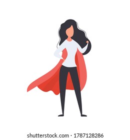 Girl with a red cloak. Superhero woman. Successful person concept. Isolated. Vector.