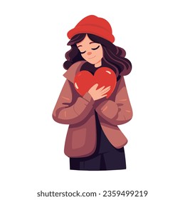 girl in a red cloth with red hat. woman hugging a heart. self love. love yourself.