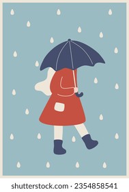 girl in a red coat hides under an umbrella from the rain
