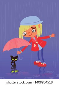 A girl in a red coat is sharing an umbrella to a black cat on a rainy day. Girl with pink umbrella protects a cat. Goodness. Cartoon vector illustration.
