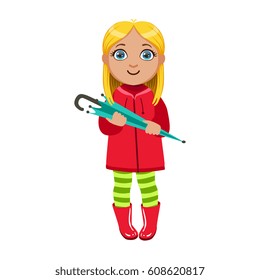 Girl In Red Coat With Umbrella, Kid In Autumn Clothes In Fall Season Enjoyingn Rain And Rainy Weather, Splashes And Puddles