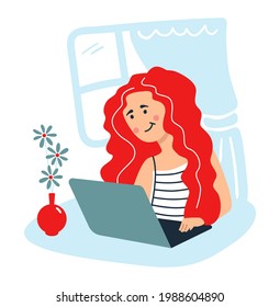 A girl with red curly hair works at a laptop in a cozy environment. Flat vector illustration.