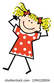 Girl in red dot dress, funny vector illustration