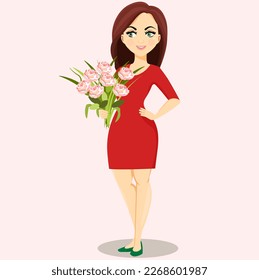 Girl in a red dress and with a bouquet of flowers