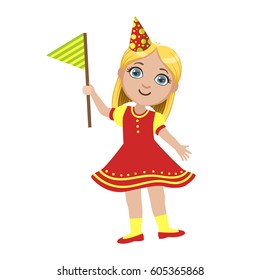 Girl In Red Dress With Flag, Part Of Kids At The Birthday Party Set Of Cute Cartoon Characters With Celebration Attributes
