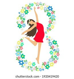Girl in a red dress and a flower wreath on her head, flower frame in the form of number 8