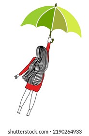A girl in red dress flying with a green umbrella 