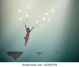 girl in red dress flying and holding pigeons in snow windy weather, fly in the dream, shadows, life on flying rock, silhouette.