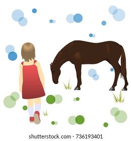 A girl in a red dress goes to a brown horse