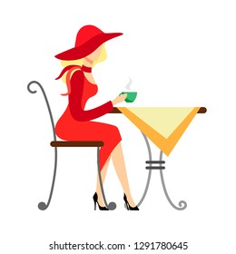 A girl in a red dress and hat is sitting at the table and drinking coffee.Vector illustration on white background
