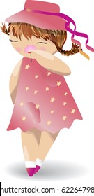 A girl in a red dress and hat smells flower