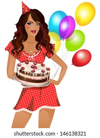 girl in red dress holding a cake. The background is white. In the background balloons