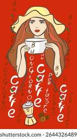 Girl in red dress holding cappuccino. Coffee machine, grinder, Turkish coffee, milk frother, filter coffee, French press.Hand drawn vector clip art, cards.