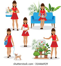  A girl in red dress holding rabbit and cat, walks with the dog, feed the fish and budgies. Pets set.