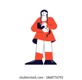 Girl in a red dress holds a black cat in the arms. Cute teenager with lovely kitten illustration.