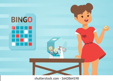 Girl In Red Dress Hosts Bingo Game, Vector Illustration. Young Woman Picking Lucky Number Of Lottery Ball. Pretty Girl Cartoon Character Playing Bingo. Entertainment Event, Fun Leisure Lottery Game