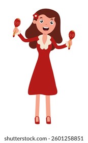 Girl in red dress joyfully playing maracas with enthusiasm at a festive event