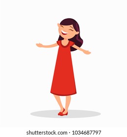 Girl in a red dress is laughing, cartoon character isolated on white background. Happy girl in casual style vector flat illustration.