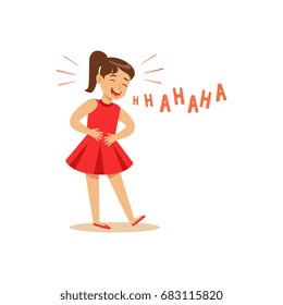 Girl in a red dress laughing out loud and holding her stomach colorful character vector Illustration