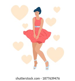 Girl in red dress in pin-up style, fashionable pretty woman, vector illustration in flat style