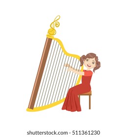 Girl In Red Dress Playing Harp
