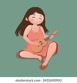 La chica en el vestido rojo jugando el ukelele, Niños Vector Cuentos de hadas personajes.