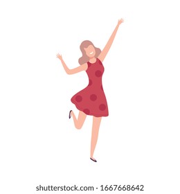 Girl in Red Dress with Raising Hands, Female Character Dancing at Party, Having Fun or Celebrating Success Flat Vector Illustration