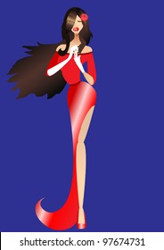 the girl in a red dress removes a glove