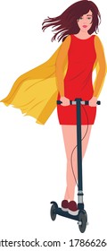  Girl in a red dress rides an electric scooter