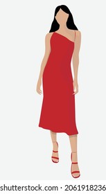 Chica con un vestido rojo y sandalias. Cabello suelto negro. Ilustración plana vectorial. Atractiva dava con un vestido largo. Diseño para tarjetas, carteles, fondos, avatares, plantillas.