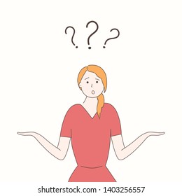 A girl in red dress shrugs with naive curious funny face and arms apart. Three question marks above his head.The concept of woman in search of an answer to a complex question.Vector.Hand drawn