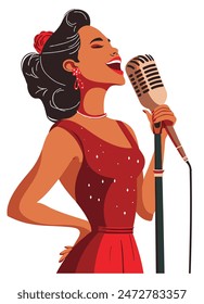 Muchacha en vestido rojo que canta en un micrófono, perfecto para la música y los temas del funcionamiento - Ilustración vectorial plana