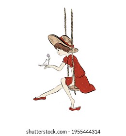 Girl in red dress sits on swing and holds bird
