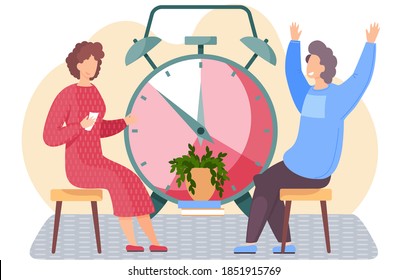 Girl in red dress sitting with cards in her hands. Woman thinks over the next move. Office work management. Man happily raising his hands up. Big alarm clock on background. People spend time together