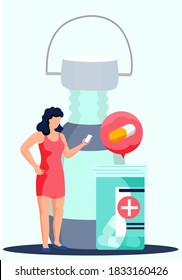 A girl in a red dress is standing with a smartphone in her hands and looking for suitable treatment for herself. Woman patient on background of large iron bottle for water. Large container with pills