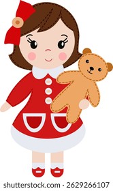 girl in a red dress and a toy bear