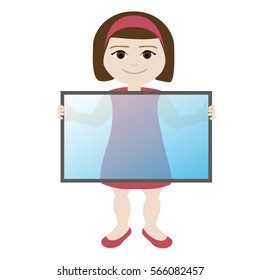 Girl in red dress with transparent board. Vector illustration.
