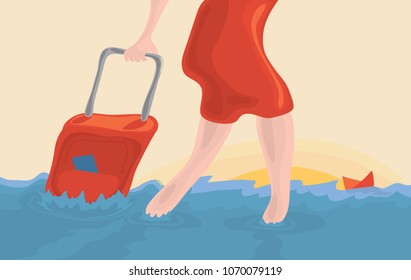 a girl in red dress wanders in shallow water with suitcase on the sunset background/ Travel Accident Insurance