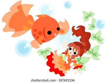 A girl in the red dress which is dancing with a goldfish splendidly.