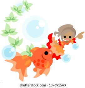 A girl in the red dress which is dancing with a goldfish splendidly.