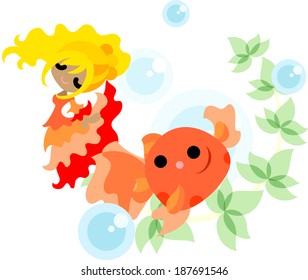 A girl in the red dress which is dancing with a goldfish splendidly.