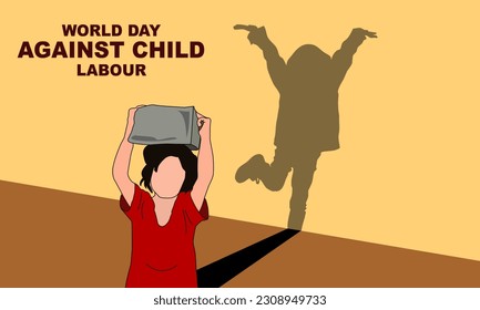 a girl in a red dress is working lifting a rock on the head with a shadow silhouette of a happy girl commemorating the World Day Against Child Labour Labor on June 12
