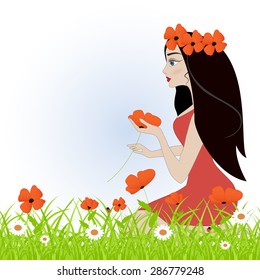 girl with red flower. Vector illustration.