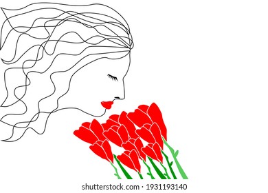 girl and red flowers, sketch wavy lines.