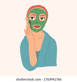 A girl with red hair is applying a green face mask. Skin care concept.
Vector hand drawn illustation. Cartoon style.Flat design.