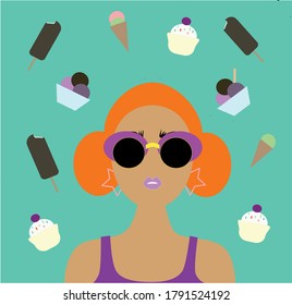 girl with red hair, background with ice cream