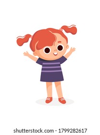 Girl with red hair and big eyes in short dress waving hands. Cute kid.