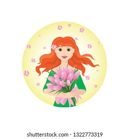 Girl with red hair and a bouquet of pink tulips. Vector