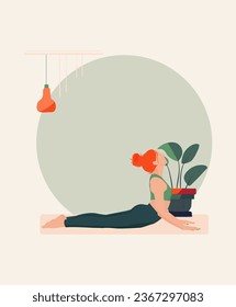 girl with red hair does yoga, light background. Vector graphics.
