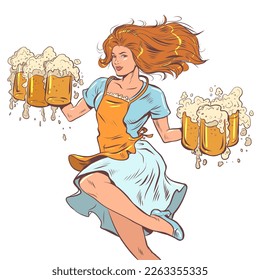A girl with red hair in a dress delivers beer. A skilled barista deftly delivers orders.